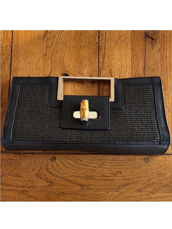 The Limited Handbags - The Limited Black Leather and Woven Clutch Silver Tone Handle Toggle Close Bag